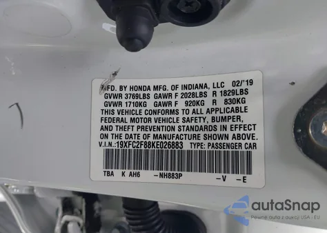 2019 Honda Civic Sport из США, поврежденный, VIN 19XFC2F88KE026883